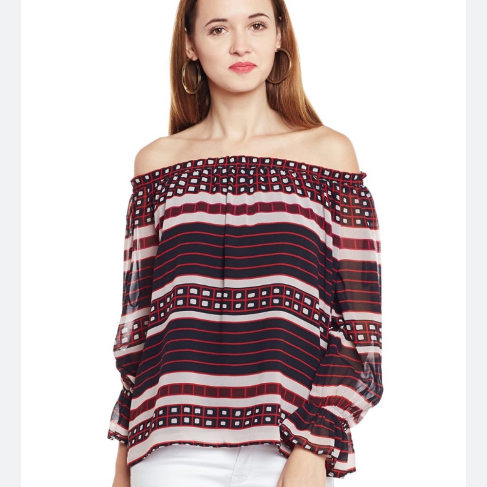 Loft cuffed sleeves detailed off the shoulder blouse. Maybe worn once.